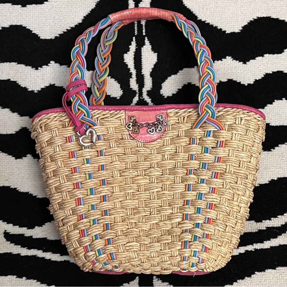 Vintage Brighton Vienna Straw Pink Leather Trim Bag Rainbow Braided Handle/Charm